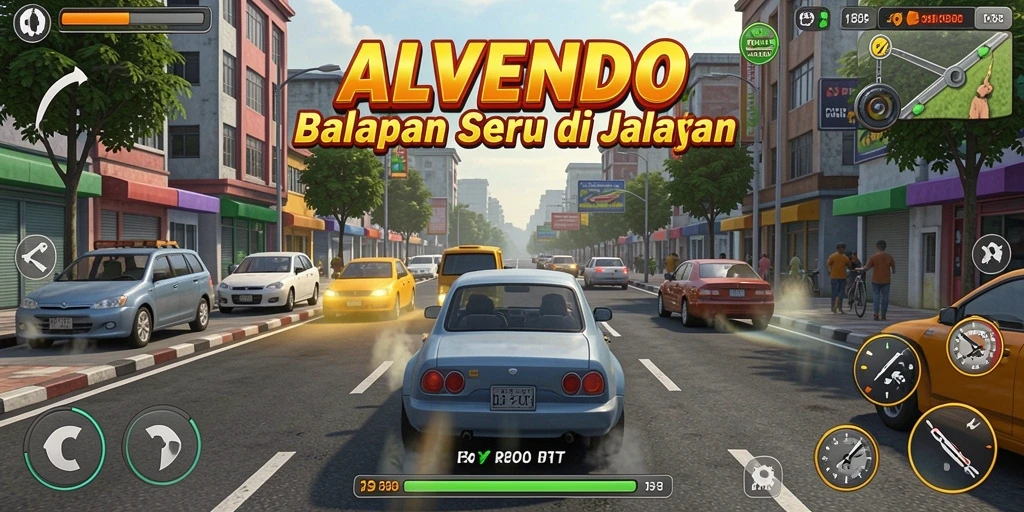 Tampilan gameplay seru ALVENDO saat balapan di jalanan yang berliku.