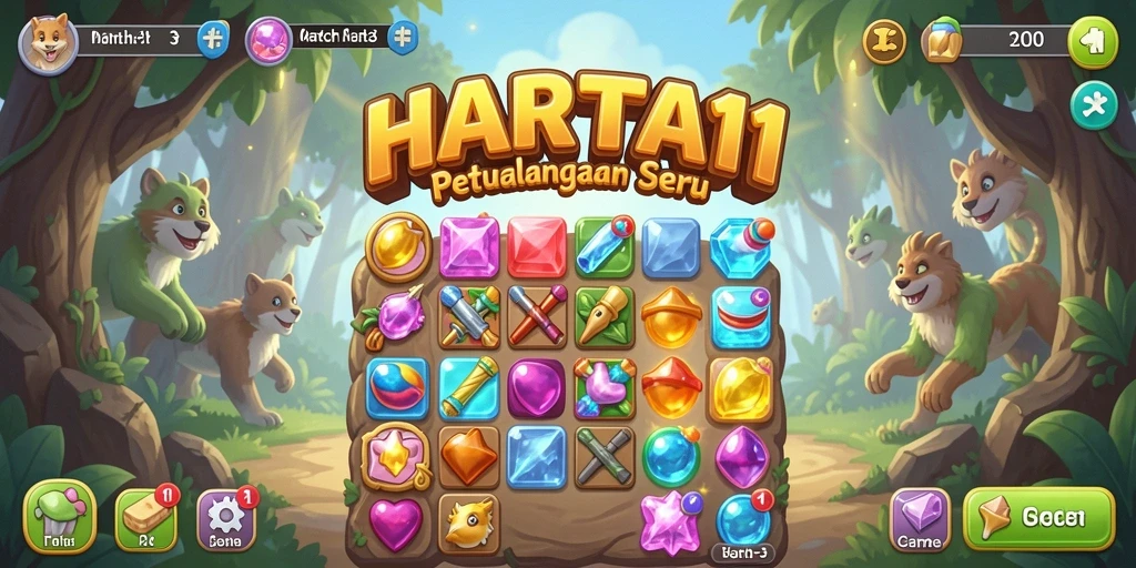 Screenshot utama HARTA11 menampilkan gameplay Match-3 yang menantang dan penuh warna.