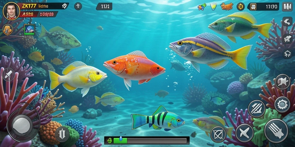 Screenshot menunjukkan aksi menembak ikan yang seru di ZK1177.